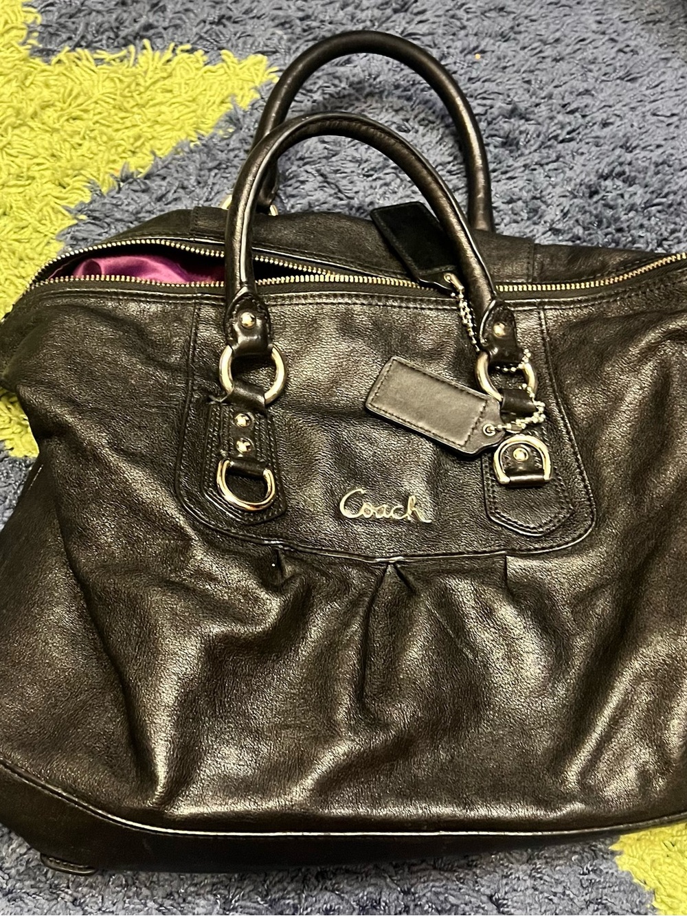 Coach Ashley Large Black Leather Convertible Satchel Purple Satin Lining F15447